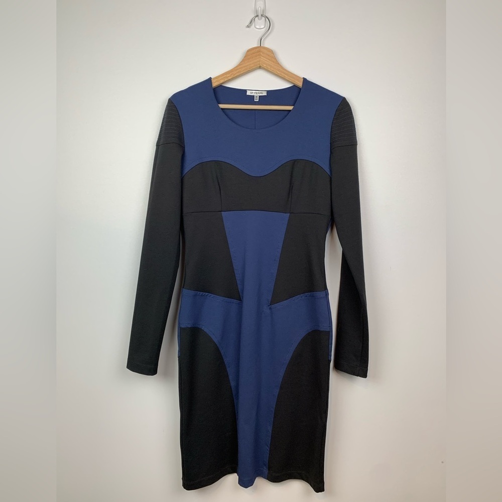 GF Gianfranco Ferre Dress Pencil Y2K S 44 Black Blue ColorBlock Midi Long Sleeve